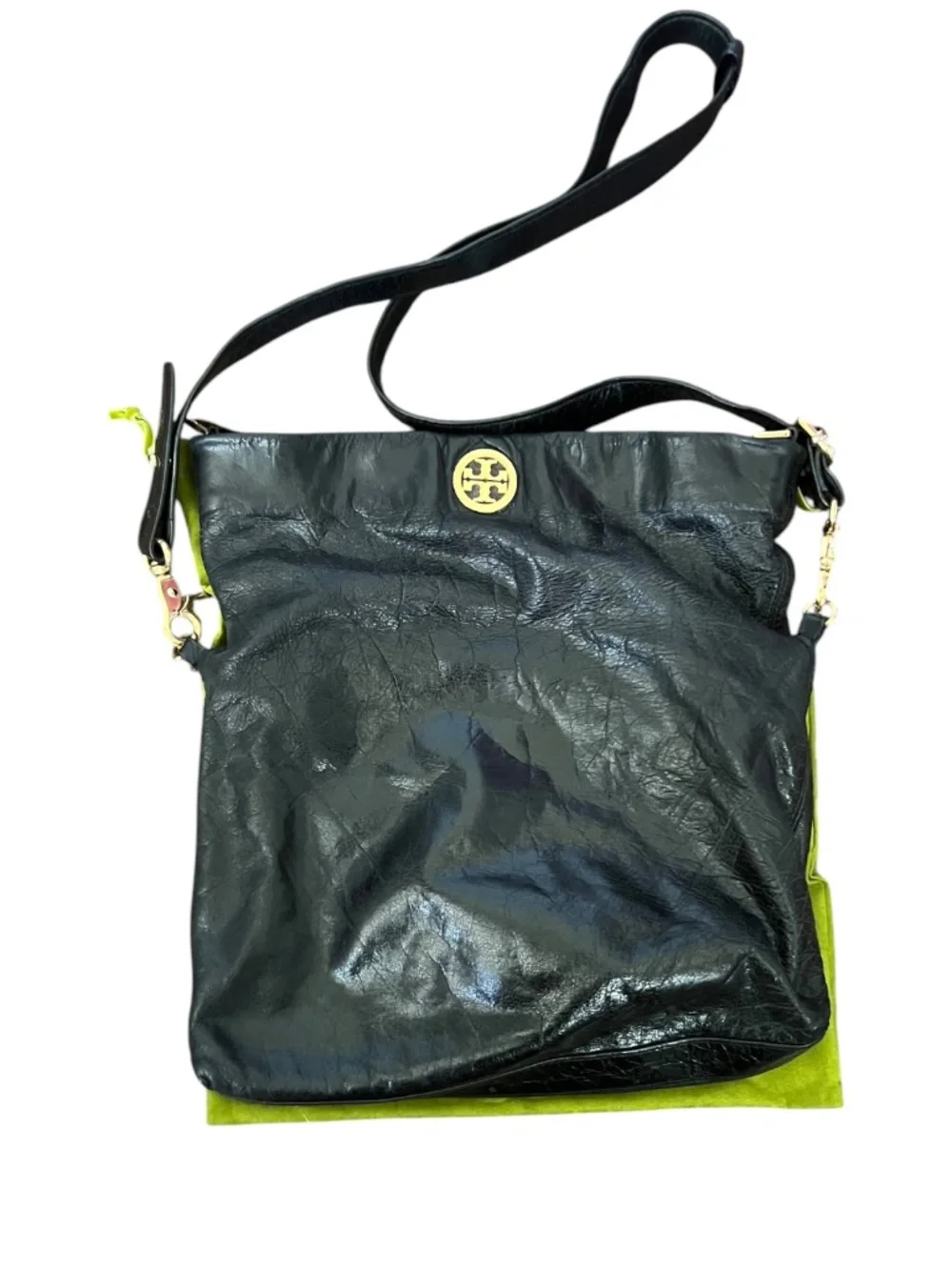 Tory Burch Dena Foldover Leather Crossbody Bag Purse Black